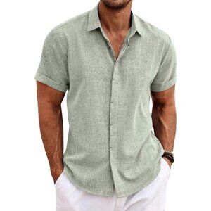 COOFANDY Mens Casual Short Sleeve Linen Blend Hidden Placket Button Shirt